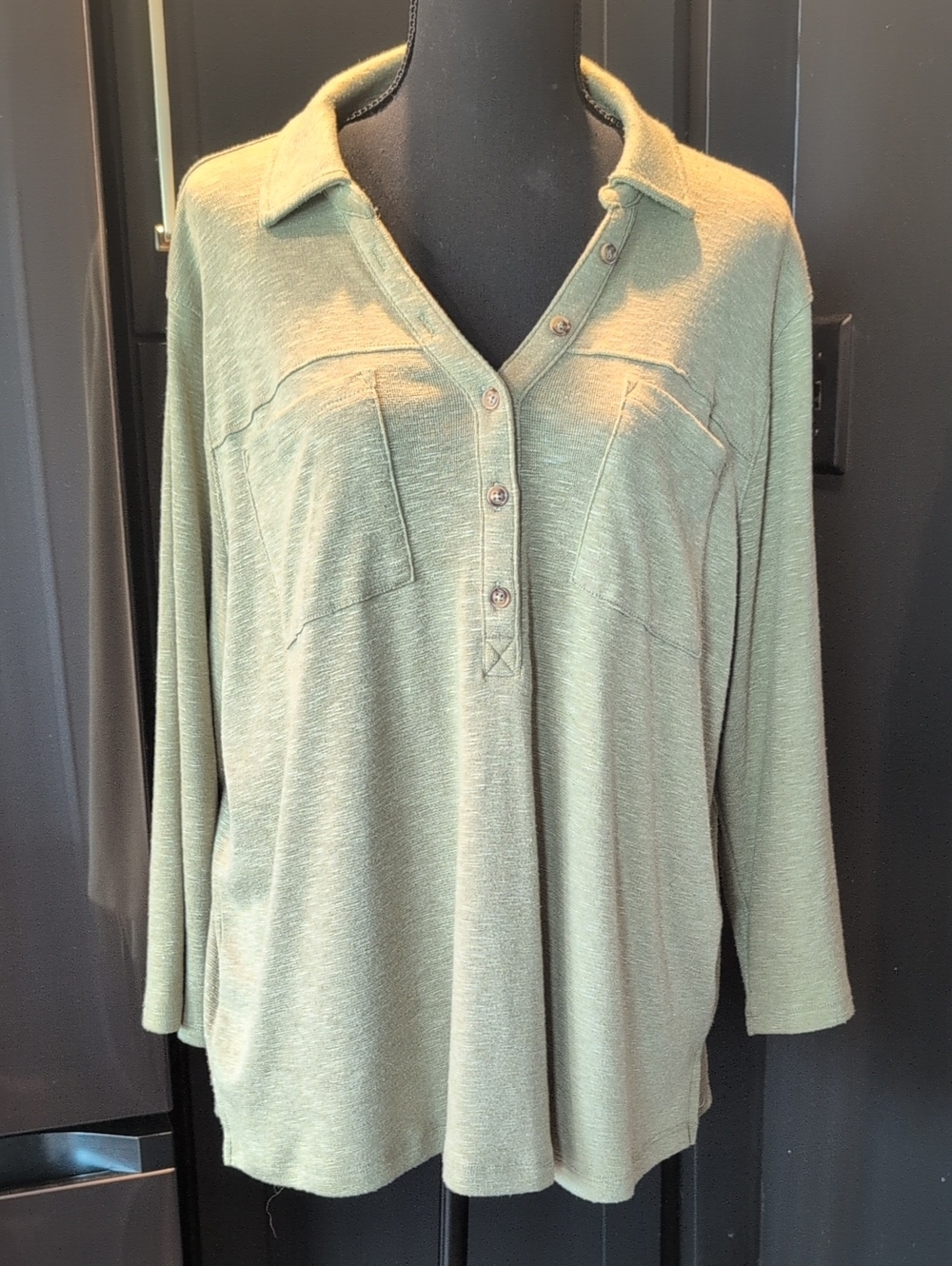 Sonoma Goids for Life Light Olive Green Henley Slub Knit Top Shirt Brown Buttons